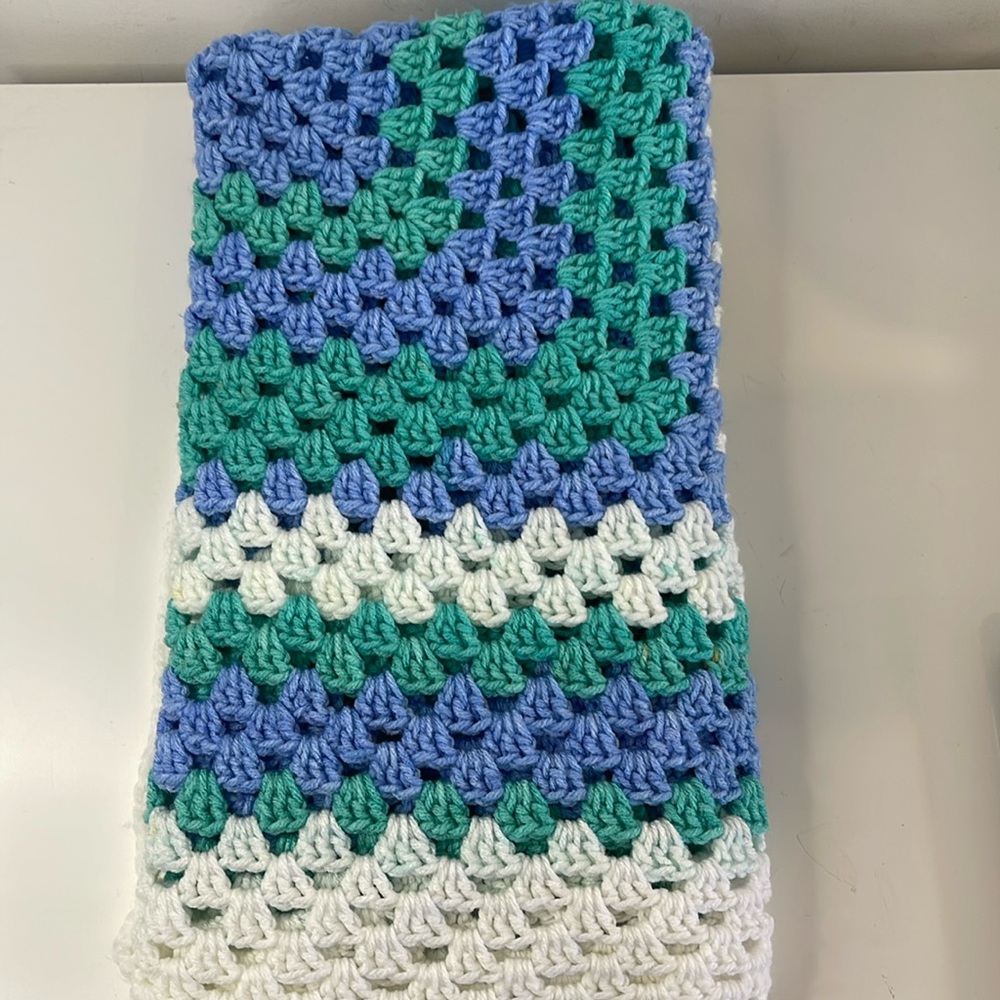 Hand Crochet Granny Square Baby Afghan White Pastel Blue & Teal 38.5'' x 40.5''